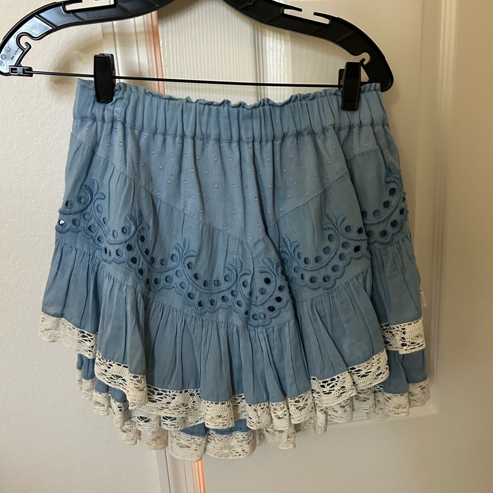 LoveShackFancy Light Blue Mini Skirt with Lace Trim